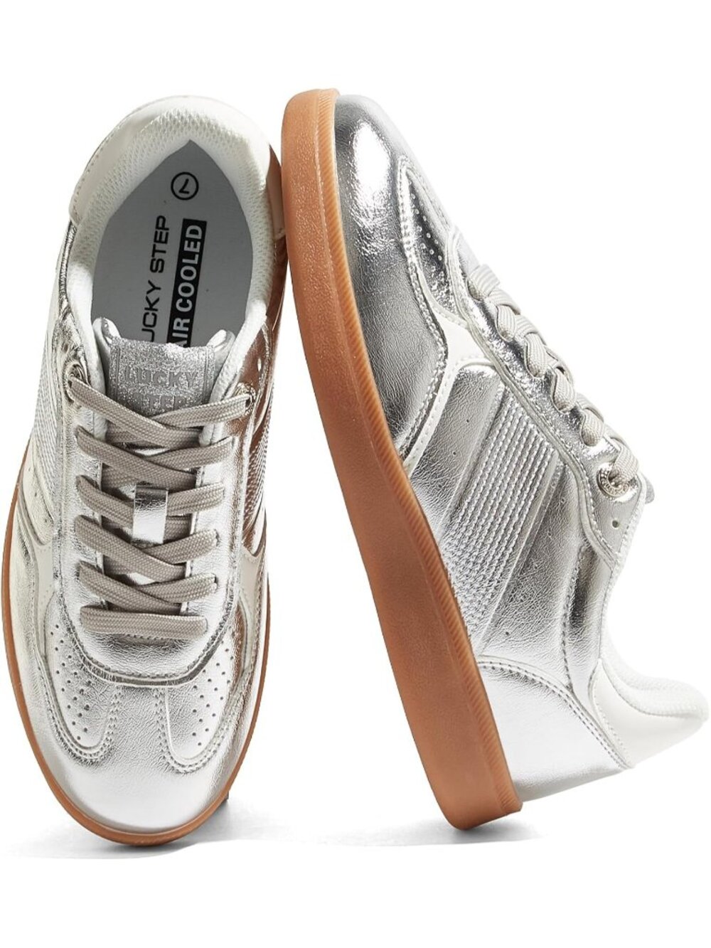 Women's Silver Faux Leather Comfortable Trendy Casual Retro Skate Sneakers
